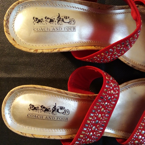 Coach And Four -NWT Cork Wedge Sandals, Two Red Fabric Straps Accented With Gold - Picture 4 of 10